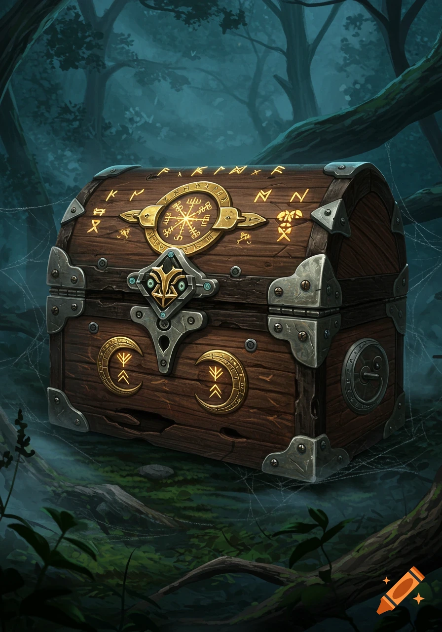 A dark wooden fantasy chest with golden runes, metal fittings, and an ornate lock in a mysterious forest with spiderwebs.