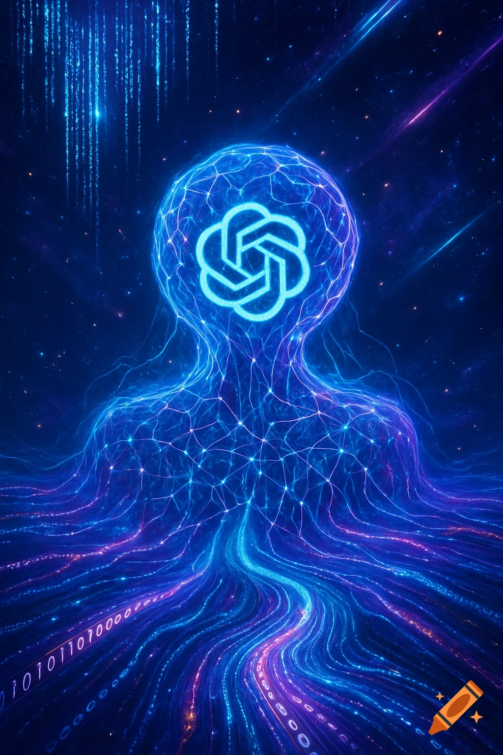An abstract glowing blue figure with the ChatGPT logo head, binary code, and data streams in a cosmic setting.
