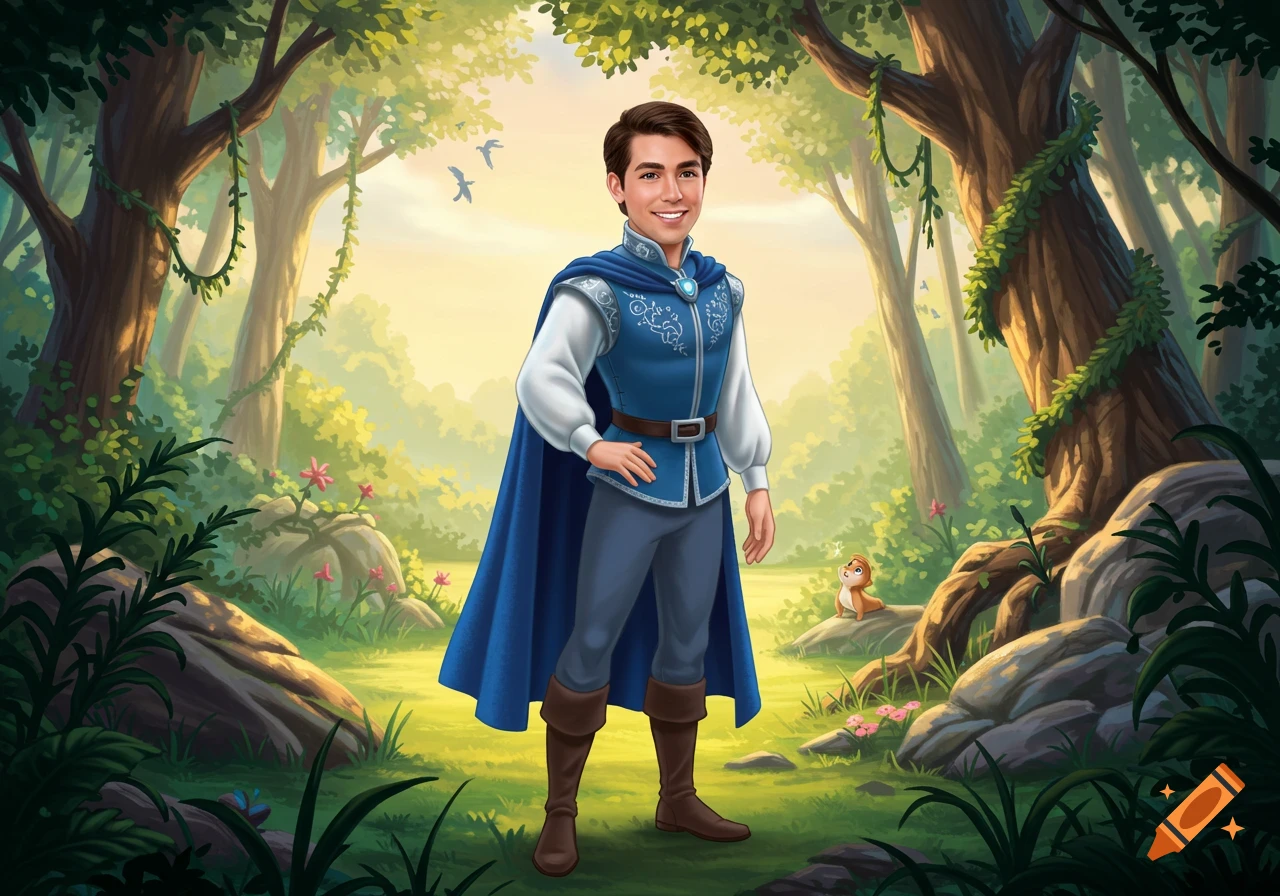 A smiling young man with a real-life face is depicted as a cartoon prince in a blue suit and cape, standing in an enchanted forest.