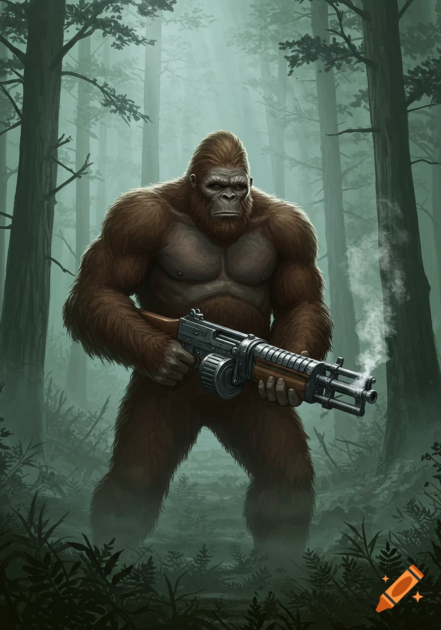 A muscular, brown Sasquatch holding a smoking machine gun stands in a misty forest.