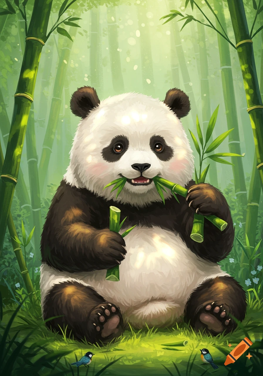 A cute, fluffy panda sits in a vibrant green bamboo forest, happily munching on bamboo shoots.