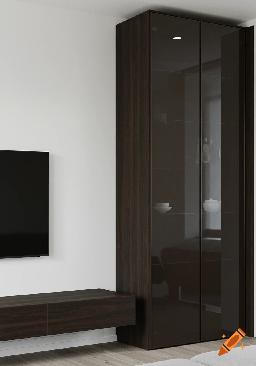A modern living room with a wall-mounted TV, dark wood media console, and tall glass-door display cabinet against a white wall.