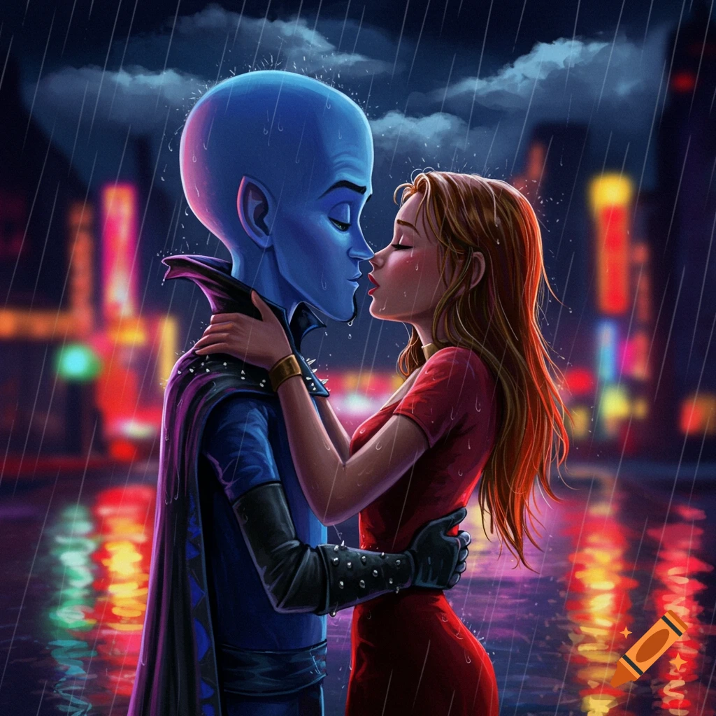 Megamind and Roxanne share a kiss in the rain, illuminated by the city lights in a vibrant animated style.