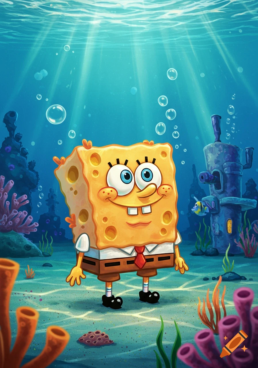 SpongeBob SquarePants stands on the seafloor amidst coral and bubbles, with light rays piercing the blue water.