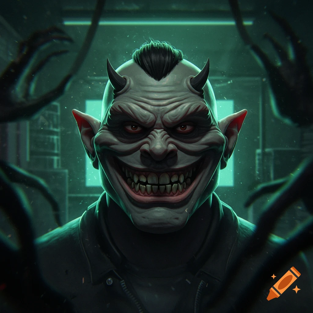 Close-up of a grotesque creature with gray skin, horns, sharp teeth, and a wide unsettling smile in a dark, teal-lit setting.