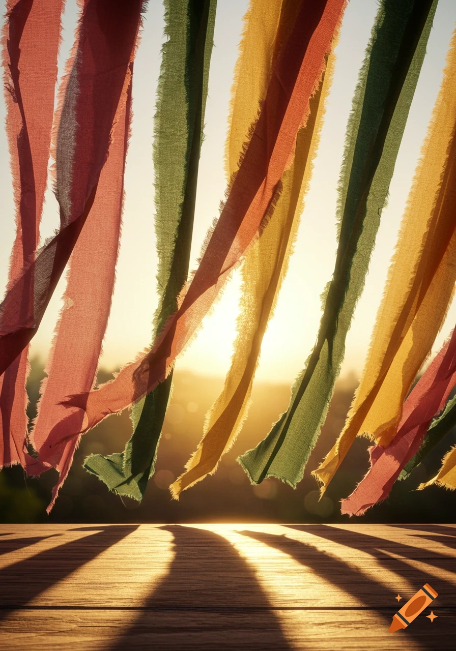 Colorful torn fabric strips hang in front of a bright setting sun, casting long shadows on a wooden surface.