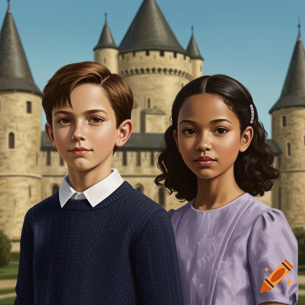A boy in a navy sweater and a girl in a lavender dress stand in front of a stone castle under a clear blue sky.