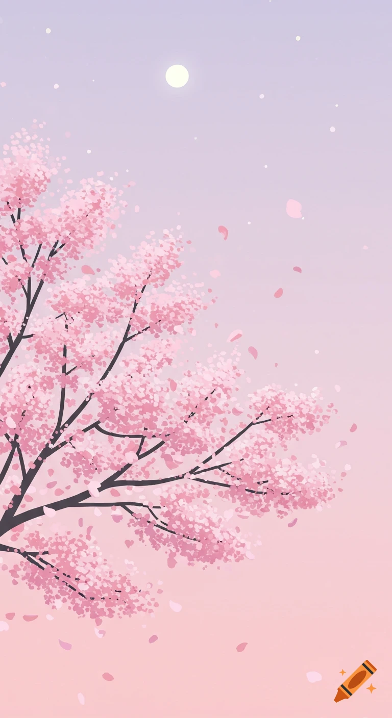 A stylized illustration of a cherry blossom tree with pink petals and falling blossoms against a pastel pink and purple sky with a full moon.