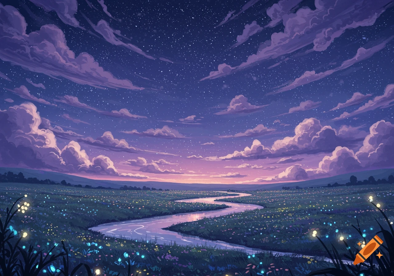 An illustrative landscape at twilight with a winding river through a field of glowing flowers under a starry, cloudy sky.