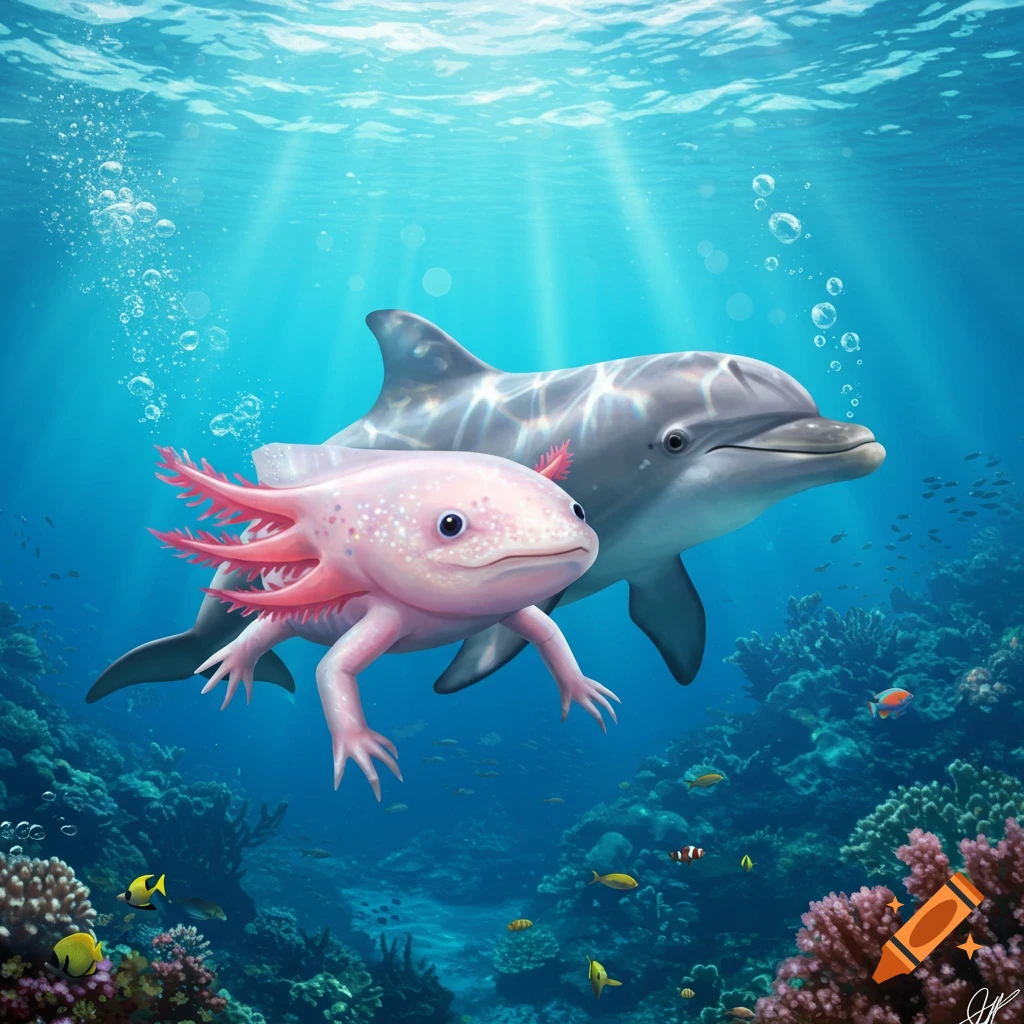 An illustration of a pink axolotl and a gray dolphin swimming side-by-side underwater among coral and fish.