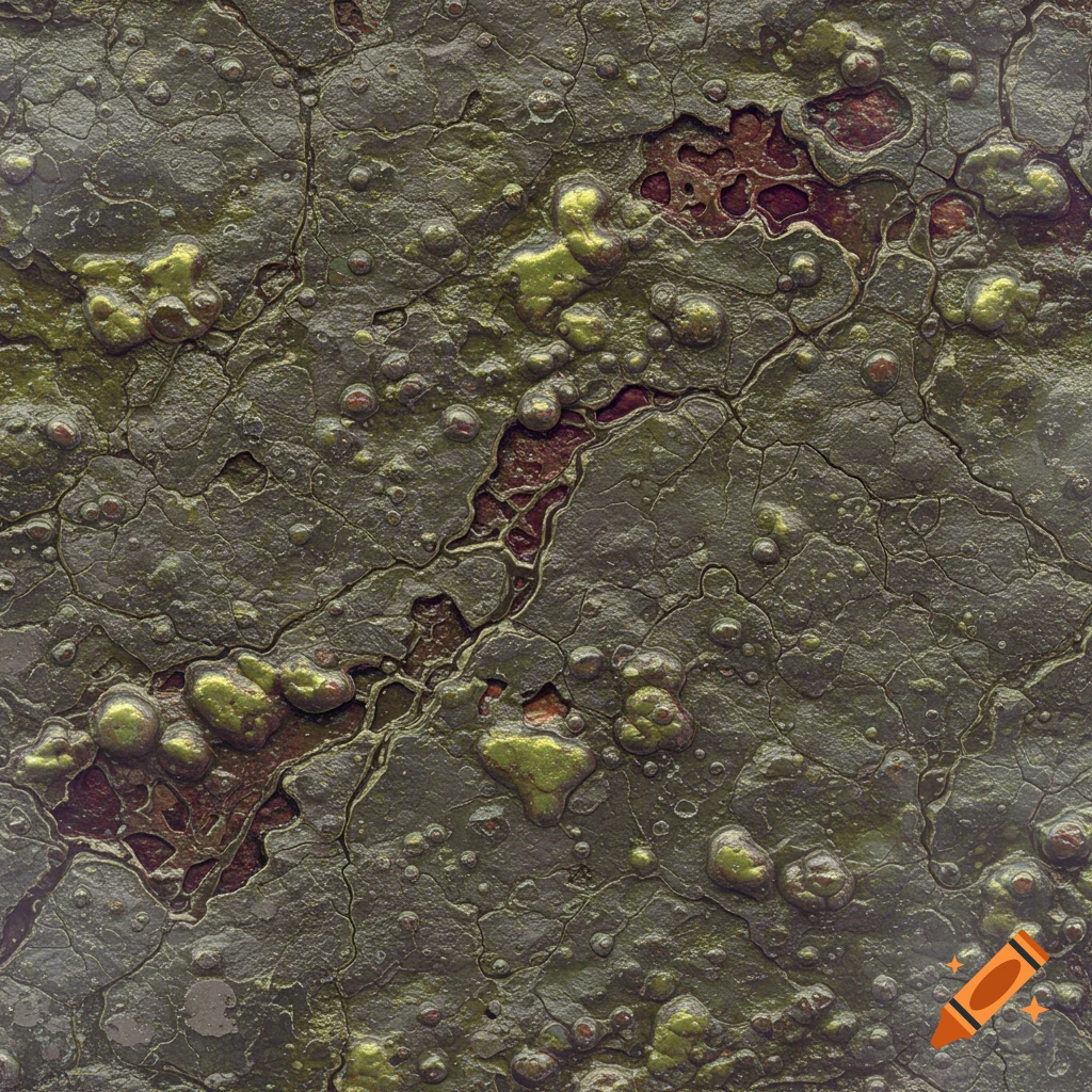 A close-up view of a dark, cracked surface with bubbly green and reddish-brown patches, resembling a decaying organic texture.