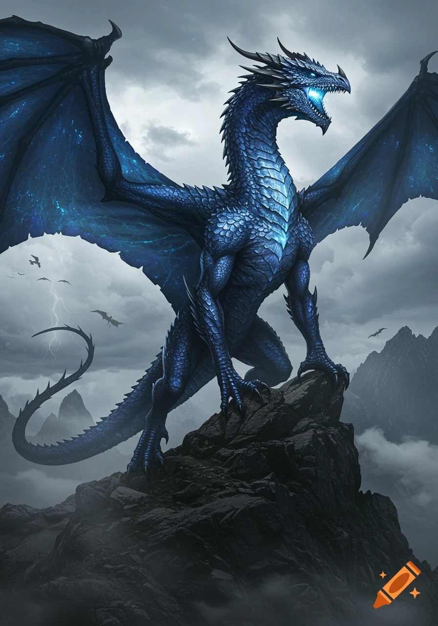 A majestic blue dragon with glowing eyes stands on a rocky mountain peak under a dramatic, cloudy sky.