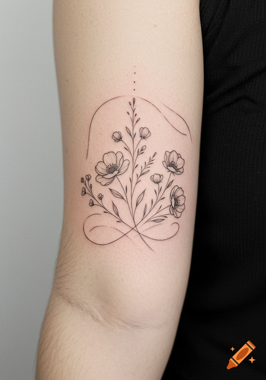 A delicate fine-line tattoo of a floral bouquet with an infinity symbol on a person's upper arm.