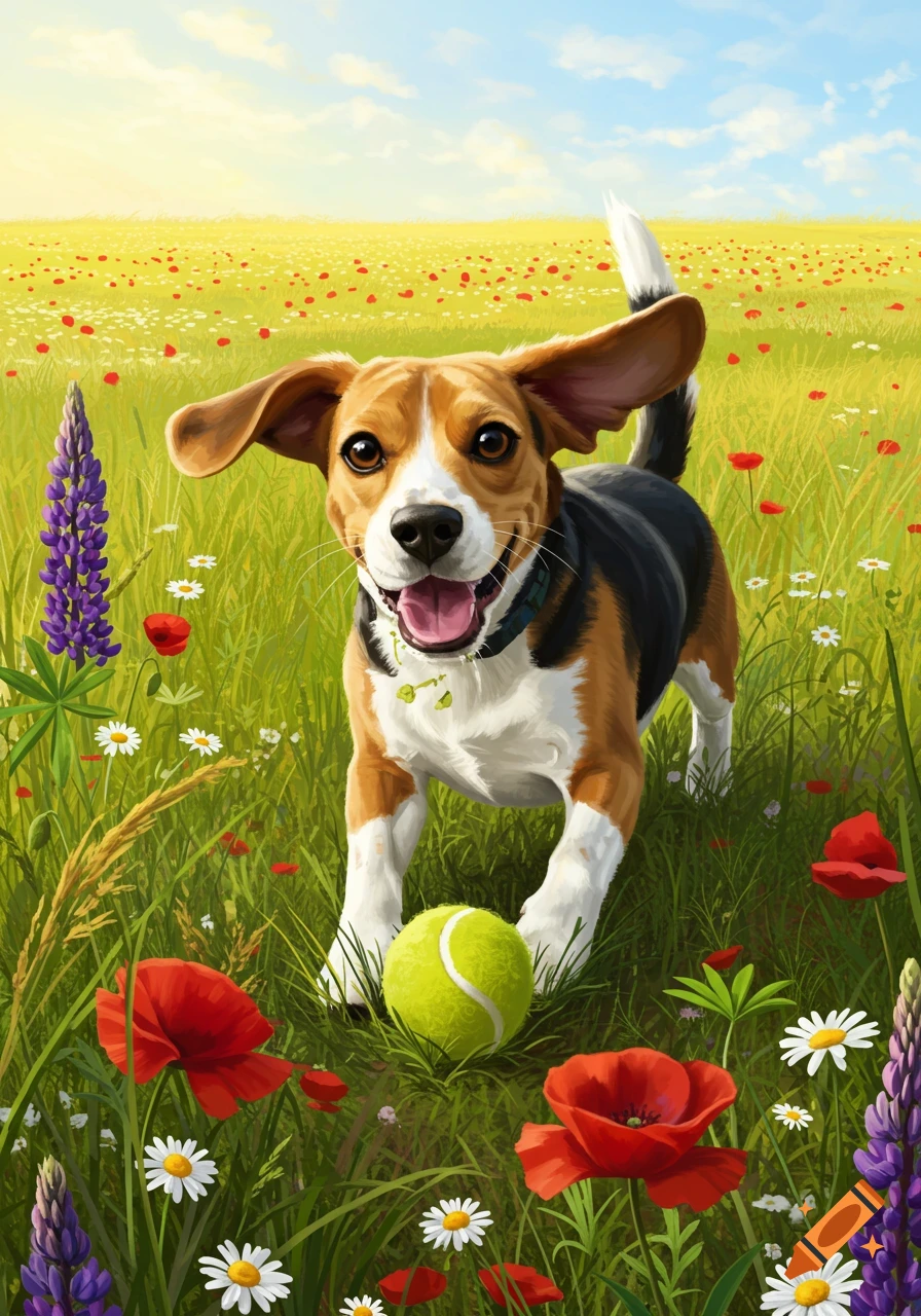 A happy beagle runs through a colorful field of red poppies, white daisies, and purple lupine, with a tennis ball at its feet.