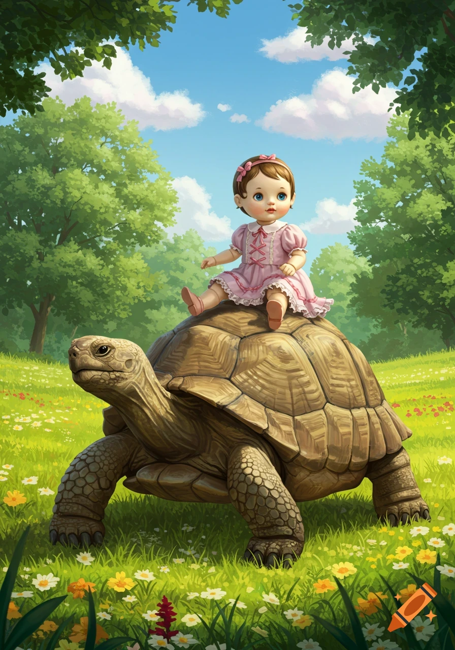 A baby doll in a pink dress rides a large tortoise through a grassy field with trees and flowers under a blue sky.