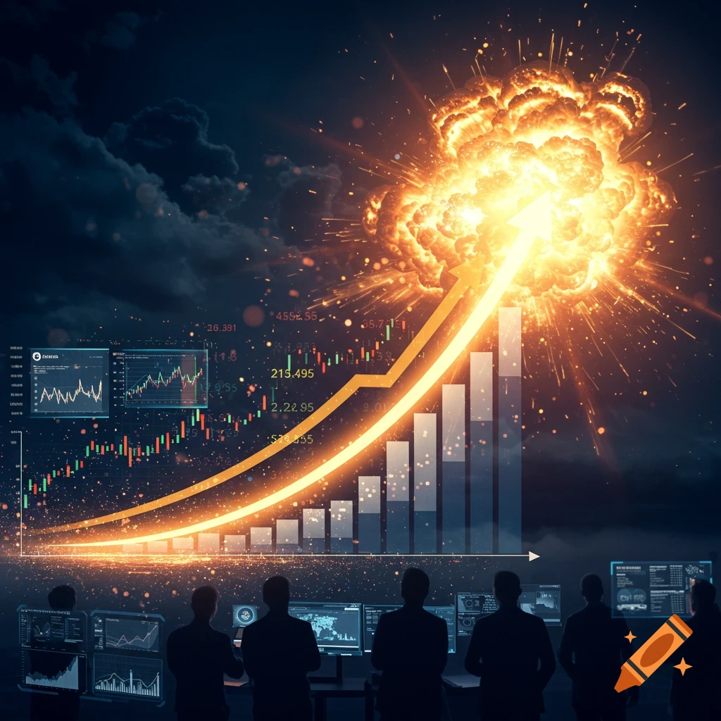A vibrant financial chart with an upward-pointing golden arrow erupting into a fiery explosion, symbolizing rapid growth. Silhouetted figures of traders watch multiple screens at the bottom.