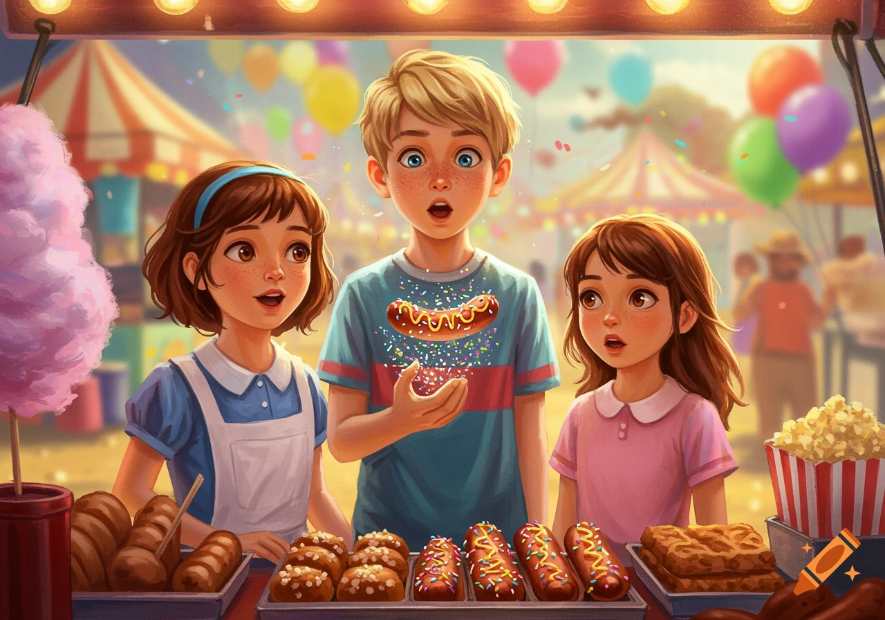 Illustrated scene of three surprised children at a colorful fair food stall with cotton candy, pastries, and a floating hot dog.