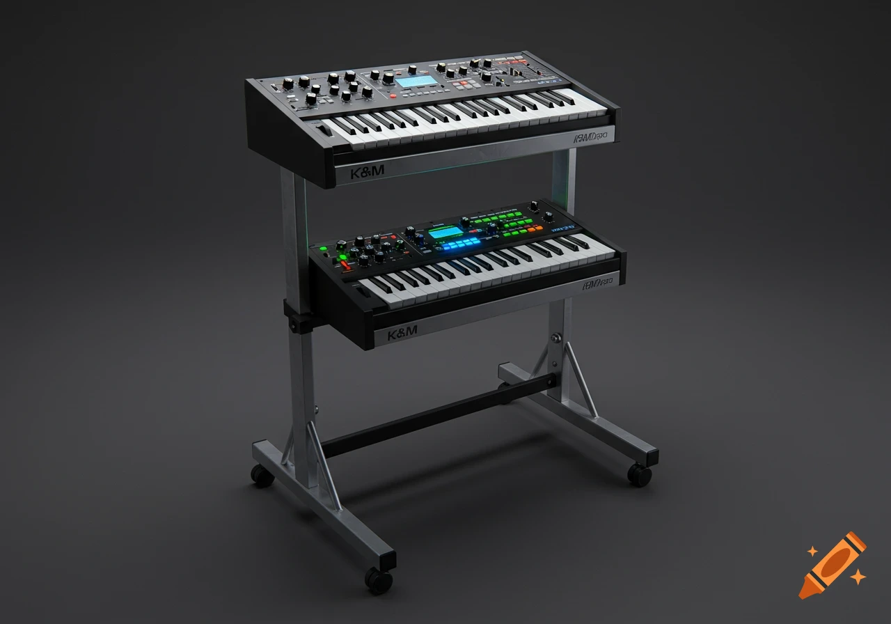 Two black synthesizers with colorful screens and buttons stacked on a silver two-tier stand with wheels against a dark background.