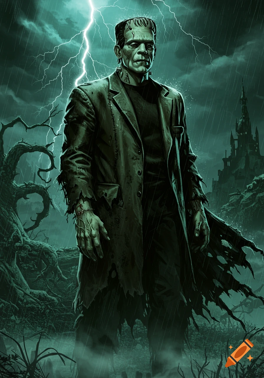 Frankenstein's monster stands in dramatic rain and lightning with a gothic castle and spooky trees in the background.