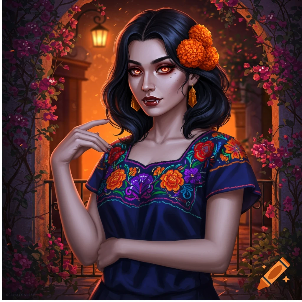 A dark-haired woman with glowing red eyes and fangs wears a traditional embroidered Mexican dress and orange flowers in her hair, standing in a vine-covered archway at night.