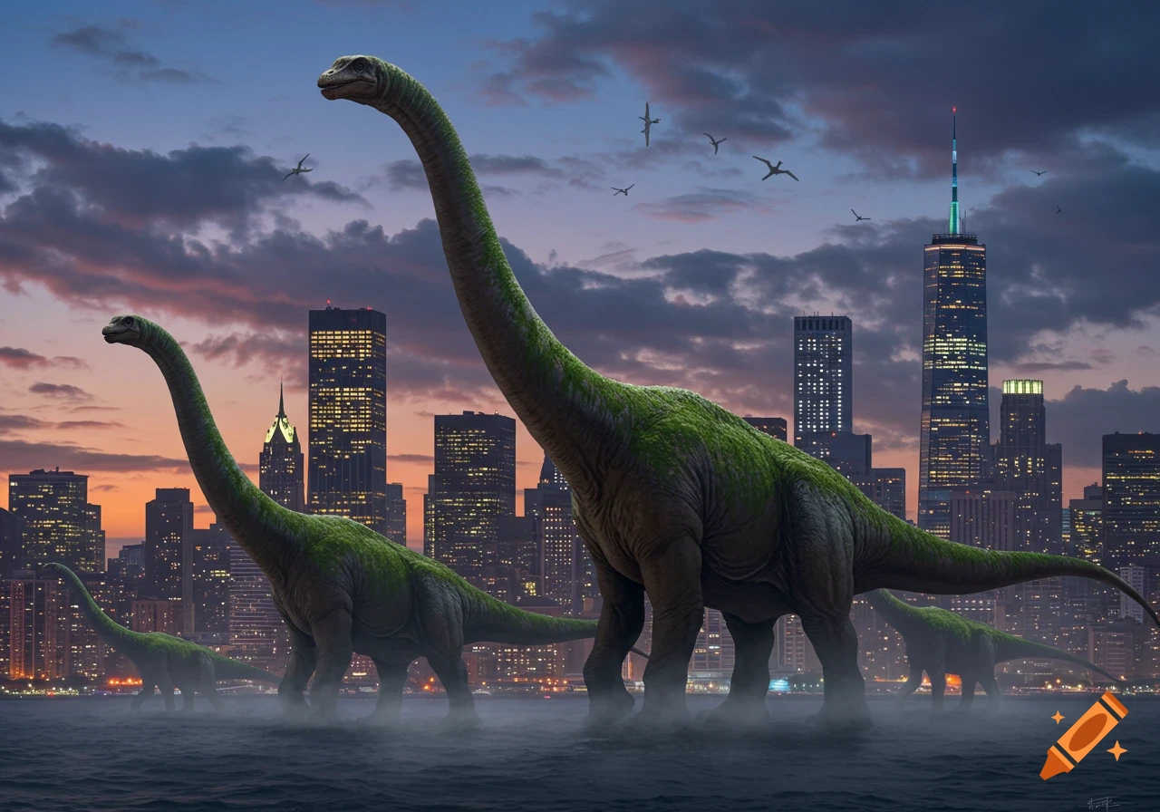Photorealistic image of several large, moss-covered titanosaurs wading through water with a modern city skyline at dusk.