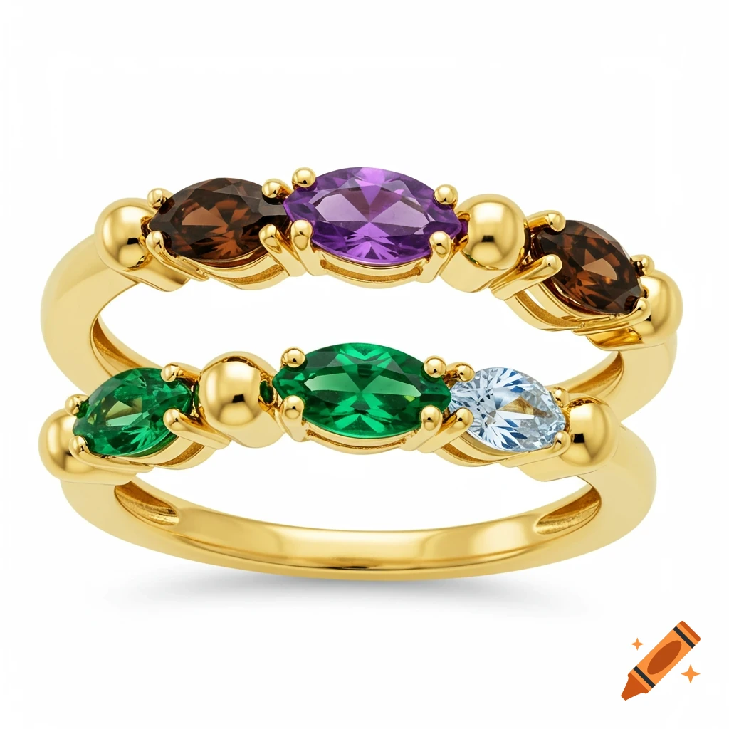 A gold infinity-style ring features alternating brown, purple, green, and light blue marquise gemstones with gold beads.