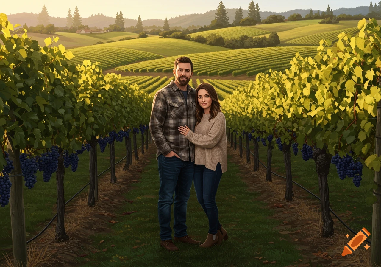 A man and a woman stand together in a sunny vineyard with rows of grapevines and rolling hills in the background.