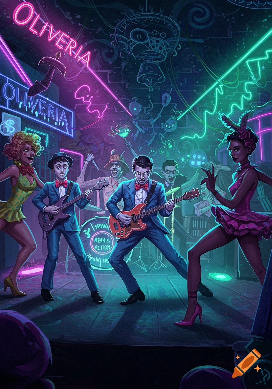 A vibrant, neon-lit illustration of a band called Oliveria and two dancers performing on stage in a dark venue.