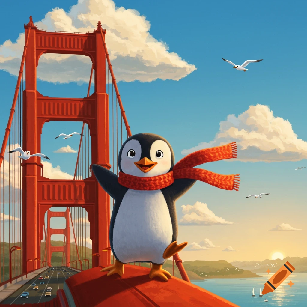 Happy cartoon penguin wearing a red scarf stands on the Golden Gate Bridge on a sunny day with seagulls and boats in the background.