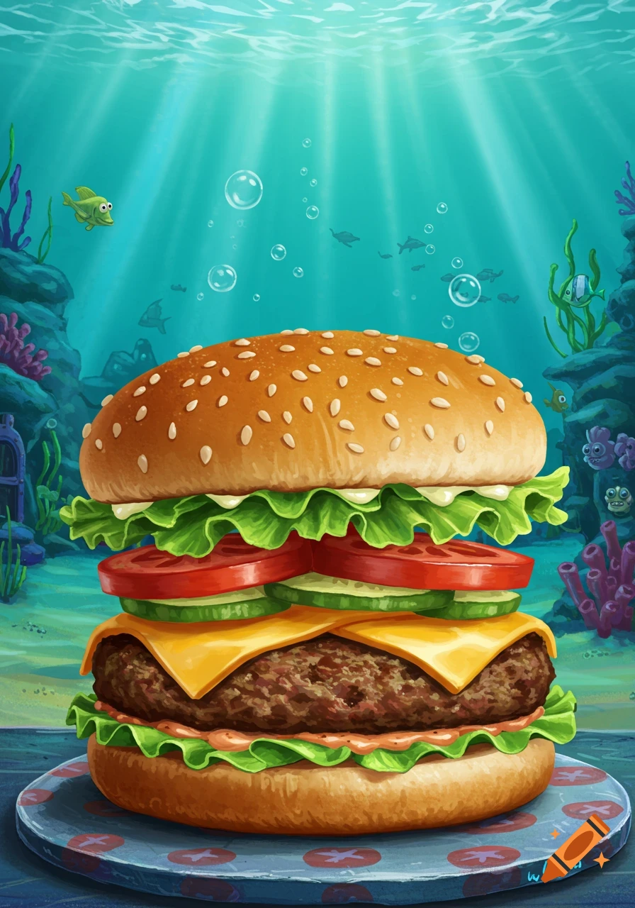 A cartoon-style hamburger, resembling a Krabby Patty, sits on a plate underwater with fish and coral in the background.