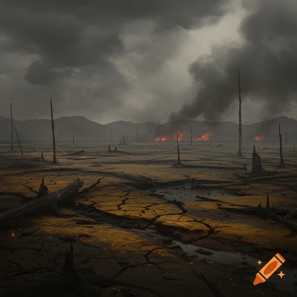 A desolate, burnt wasteland with cracked earth, charred tree stumps, and distant fires under a dark, smoke-filled sky.