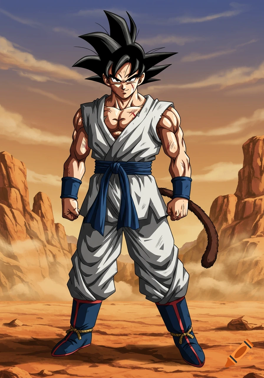Goku, a saiyan with black spiky hair and an athletic build, wearing a white and blue gi, stands in a desert landscape in Dragon Ball anime style.
