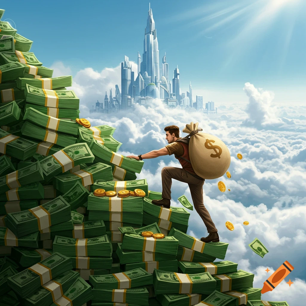 An illustrated man climbs a giant mountain of money with a bag on his back, moving towards a gleaming city in the clouds.