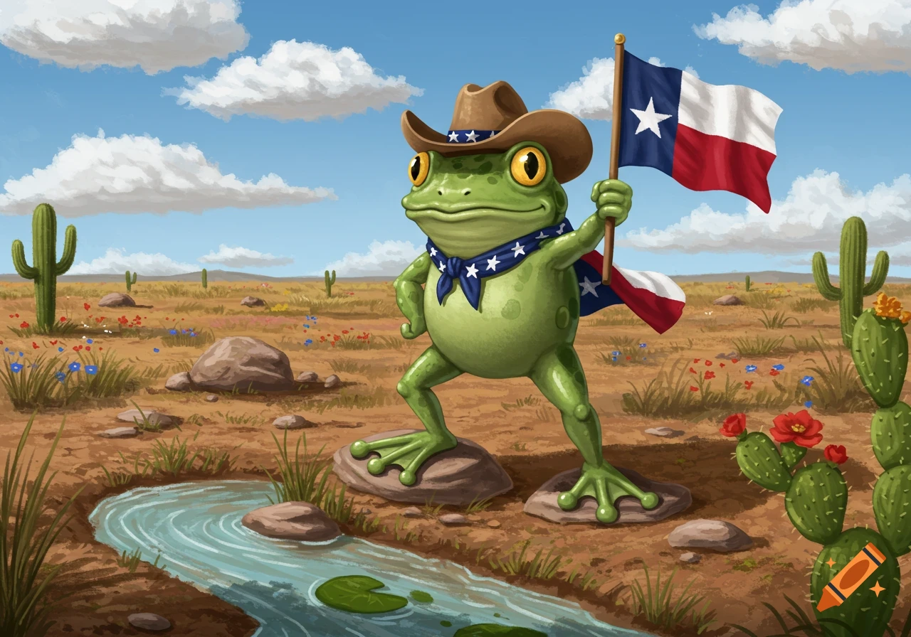 A cartoon frog wearing a cowboy hat and bandana stands in a desert landscape, holding a Texas flag.