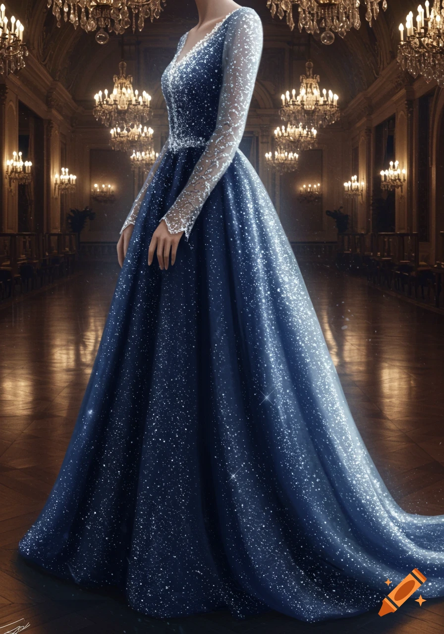 A person in a glittery dark blue long-sleeved gown stands in a grand ballroom with chandeliers.