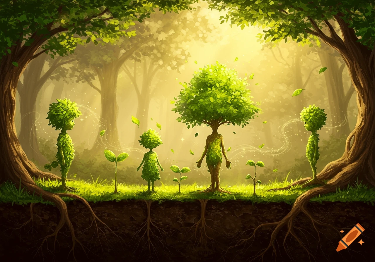 Stylized green tree and plant-like beings, along with saplings and visible roots, in a sunlit, vibrant forest.