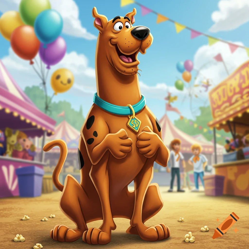 A smiling Scooby Doo cartoon character sits at a vibrant carnival with balloons and game stalls.