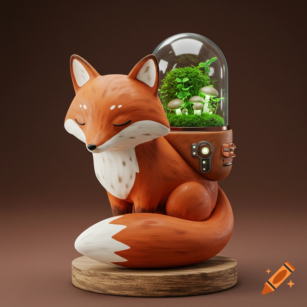 A stylized orange and white fox figurine with closed eyes, carrying a glass terrarium with green moss and mushrooms on its back, sitting on a wooden base.