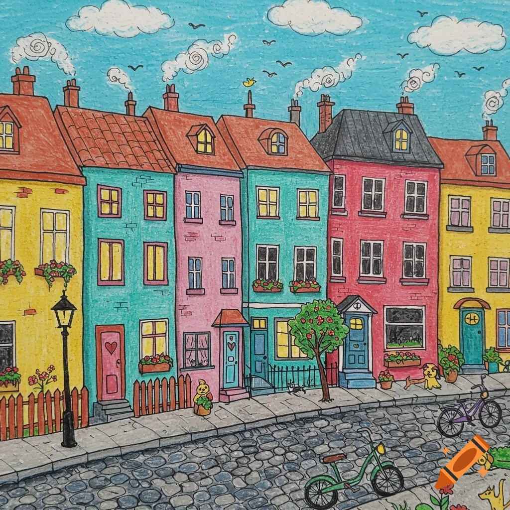 Whimsical crayon drawing of colorful houses lining a cobblestone street under a blue sky.
