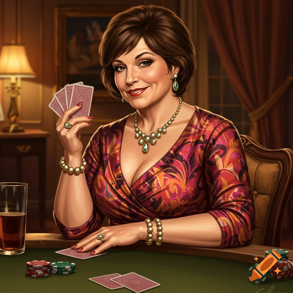 A stylish woman with short brown hair, wearing a colorful patterned dress and statement jewelry, holds playing cards at a poker table with chips and drinks. The image is a detailed illustration.