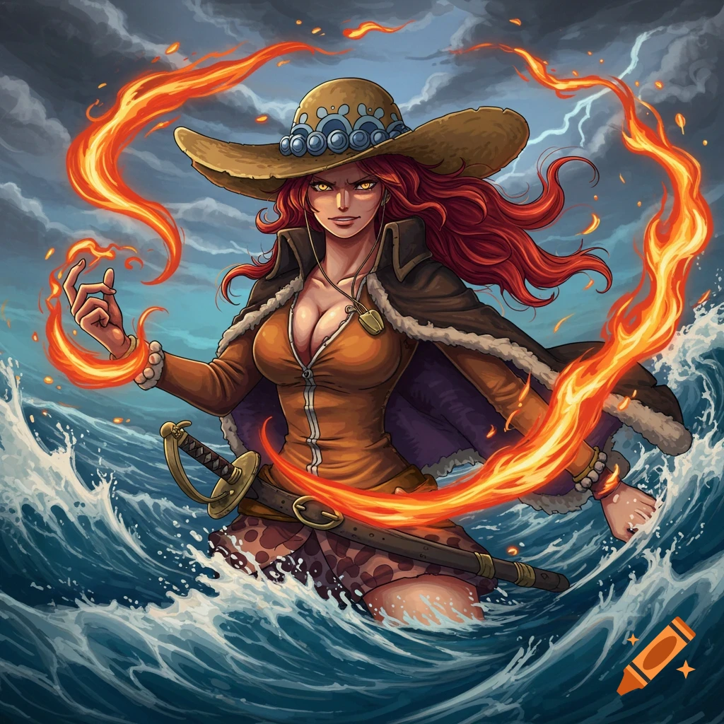 A red-haired woman with a large hat stands in stormy seas, wielding fire, in an anime art style.