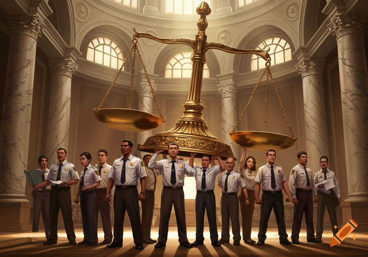 A group of people in uniforms, likely court staff, working together to hold an oversized golden scales of justice inside a grand hall with classical architecture.
