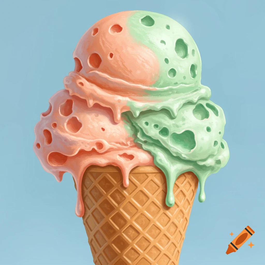 A two-scoop ice cream cone with melting pink and green scoops, both with holes like Swiss cheese, on a light blue background.