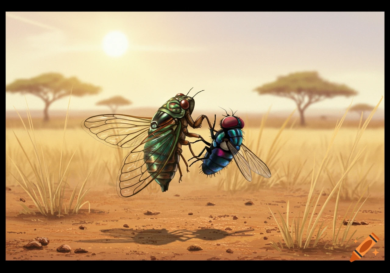 An illustration of a large green cicada and a smaller blue-purple fly hovering above dry savanna ground at sunset.