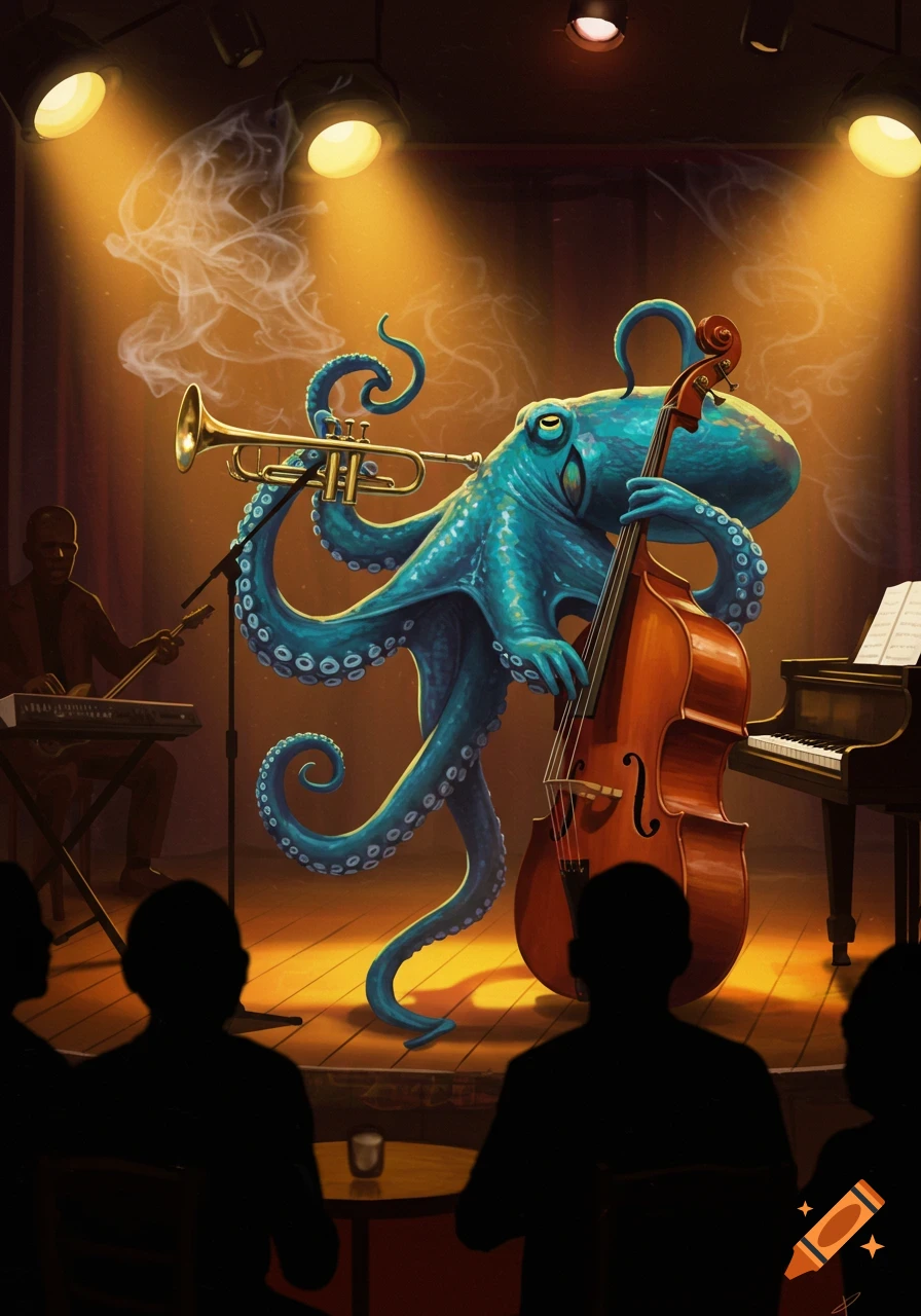A blue octopus plays a double bass while holding a trumpet on a jazz club stage with spotlights and audience silhouettes.