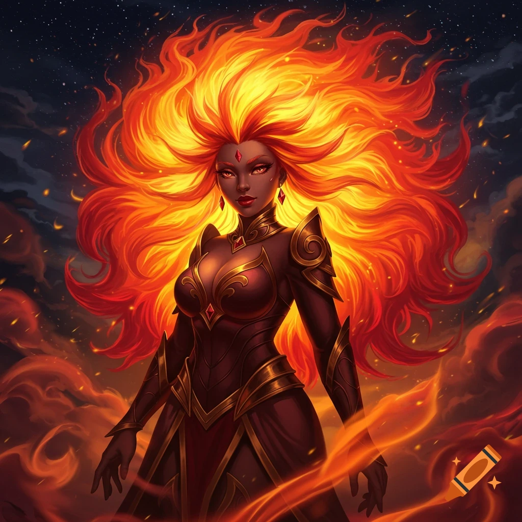 Anime fantasy female character with dark skin, red eyes, and voluminous flaming orange hair, wearing dark armor with gold accents.