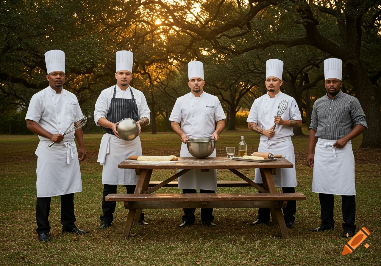 Five male chefs in white uniforms and hats stand around a picnic table with cooking items in an outdoor setting at sunset.