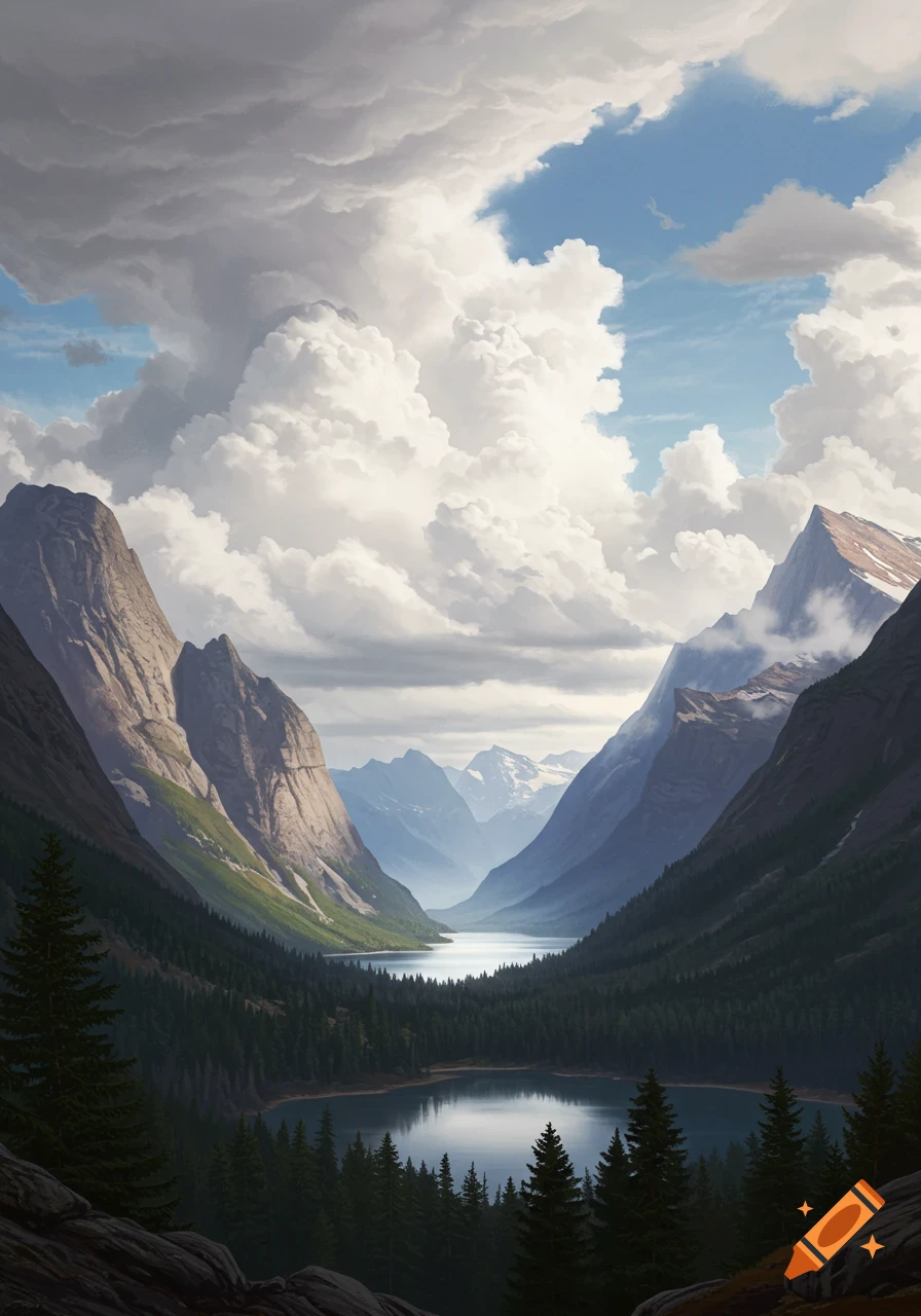 Scenic digital painting of a vast mountain valley with a serene lake, surrounded by dense evergreen forests and towering rocky peaks under a cloudy sky.