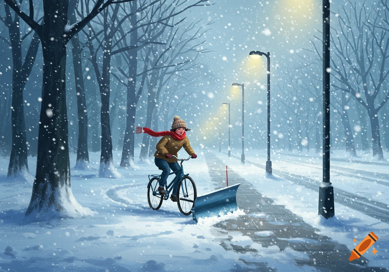 Illustrated scene of a person bicycling with a snowplow on a snowy sidewalk, surrounded by trees and streetlights in winter.