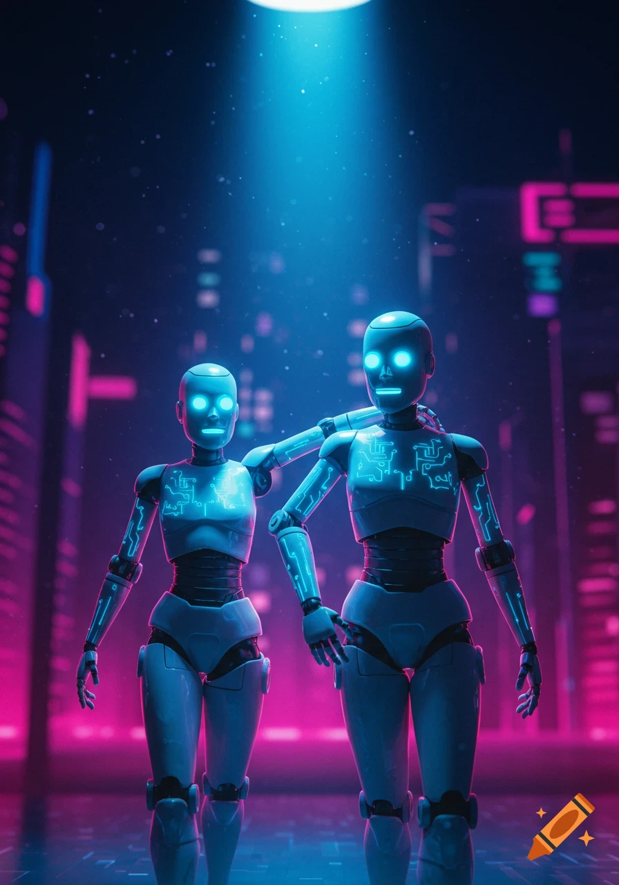 Two humanoid robots with glowing blue eyes and circuits stand in a neon-lit futuristic city at night.